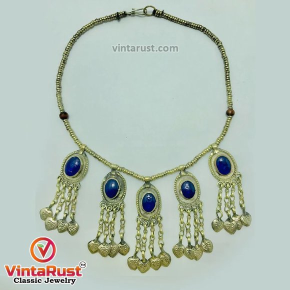 Beaded Chain Choker Necklace With Dangling Tassels and Blue Stone, Tribal Light - Picture 3 of 10